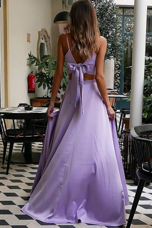 Two Piece Straps Lavender Long Prom Dress with Bowknot Back FancyVestido Two Piece Straps Lavender Long Prom Dress with Bowknot Back FancyVestido