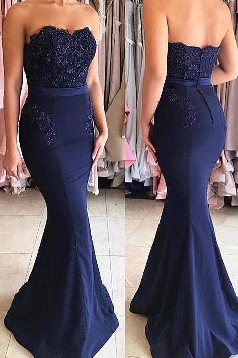 navy blue strapless prom dress Illusion Back Details La Femme Strappy-Back Long Strapless