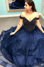 Off the Shoulder Navy Blue Long Prom Dress with Beading Top