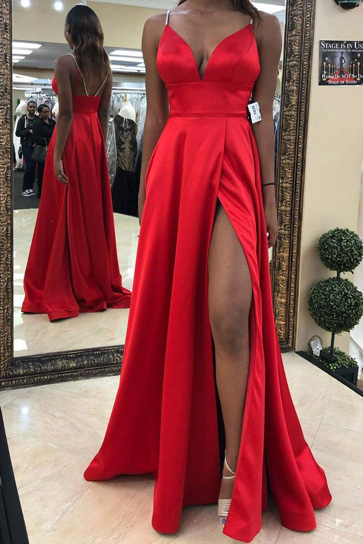 Split-Front Empire Long Red Evening Dress