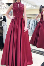 High Collar A-Line Hollow Out Burgundy Long Prom Dress