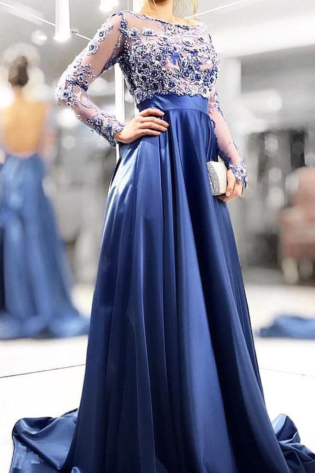Long Sleeves Appliques Navy Blue Long Prom Dress with Open Back FancyVestido Long Sleeves Appliques Navy Blue Long Prom Dress with Open Back FancyVestido