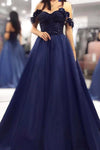 Off the Shoulder Dark Navy Long Prom Dress with Lace Top