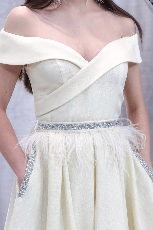 Elegant Off the Shoulder Beading Ivory Eevning Dress with Pockets