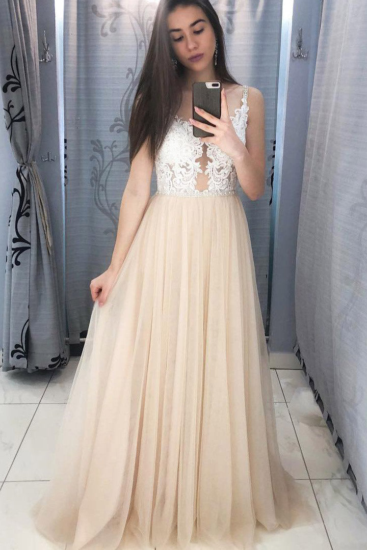 Elegant Champagne Long Prom Dress with Lace Appliques