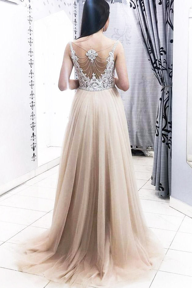 Elegant Champagne Long Prom Dress with Lace Appliques