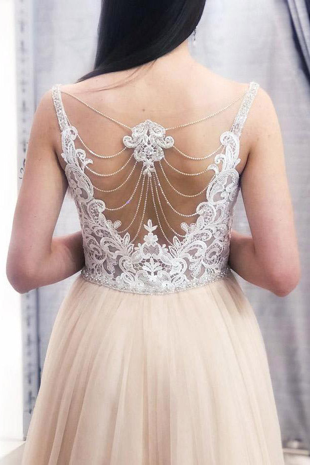 Elegant Champagne Long Prom Dress with Lace Appliques