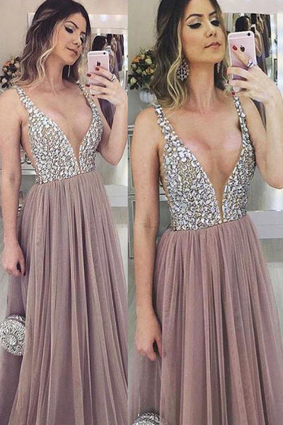 Simple V-Neck Beaded Floor Length Prom Dress