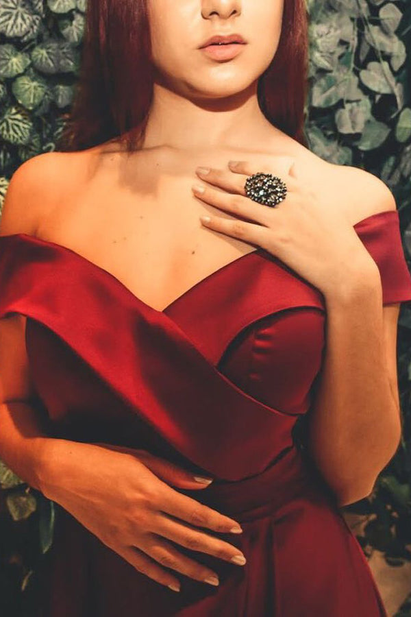 Off the Shoulder Slit-Front Burgundy Long Prom Dress