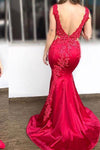Mermaid V-Neck Lace Appliques Long Red Prom Dress