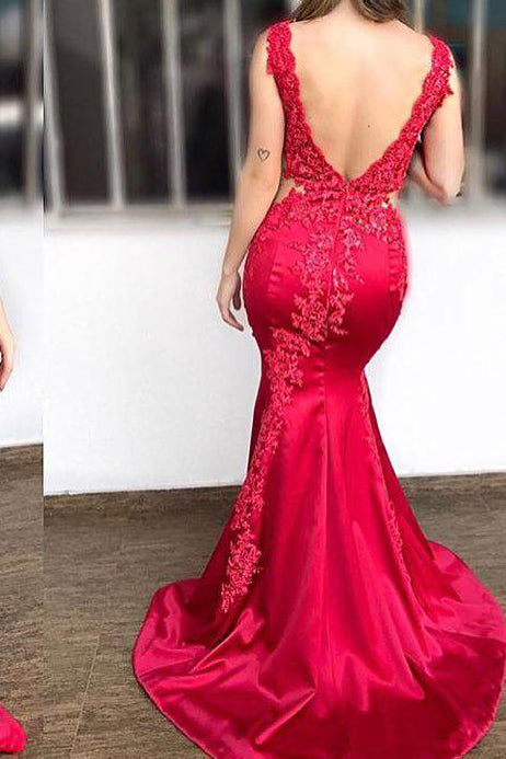 Mermaid V-Neck Lace Appliques Long Red Prom Dress
