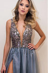 V-Neck Sequins Slit-Front Silver Long Prom Dress