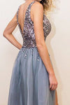 V-Neck Sequins Slit-Front Silver Long Prom Dress