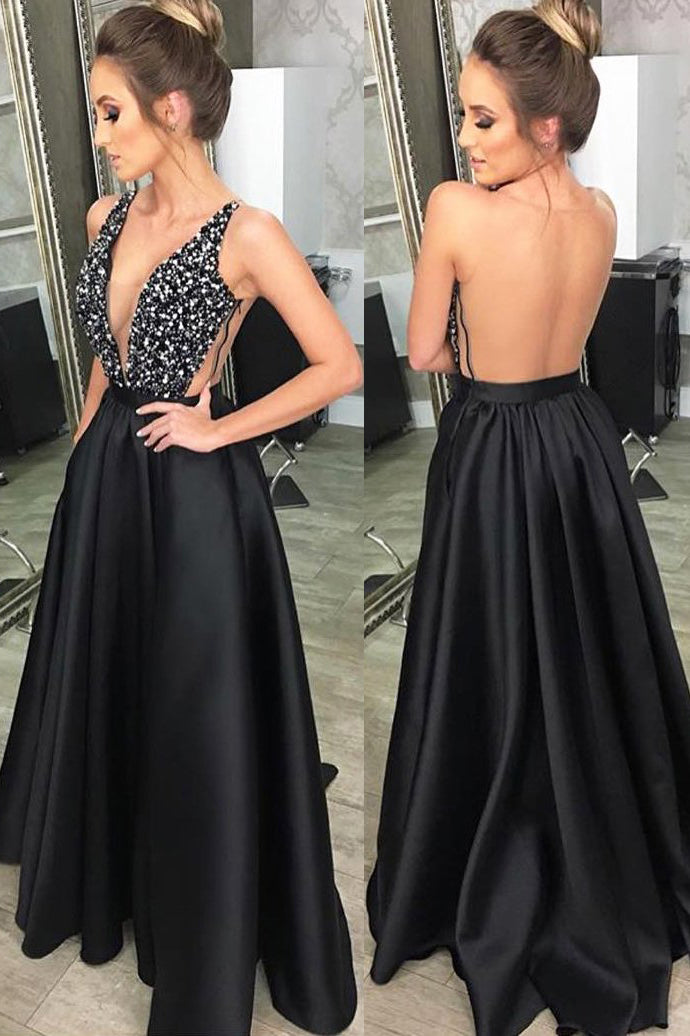 Sexy V-Neck Beaded Black Long Prom Dress with Open Back