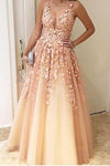 A-Line Floral Appliques Long Pearl Pink Prom Dress
