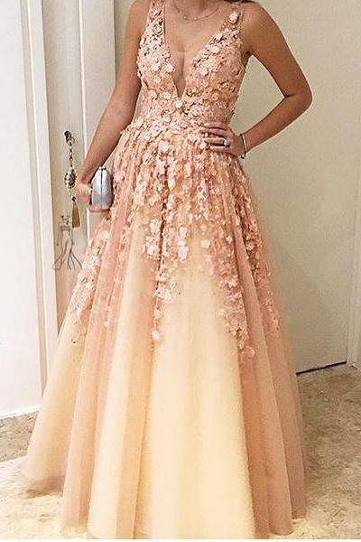 A-Line Floral Appliques Long Pearl Pink Prom Dress FancyVestido A-Line Floral Appliques Long Pearl Pink Prom Dress FancyVestido