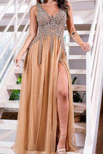 V Neck Rhinestones Gold Long Prom Dress with Slit