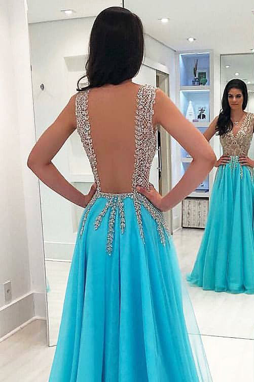 Sexy A-Line Ice Blue Long Prom Dress with Open Back
