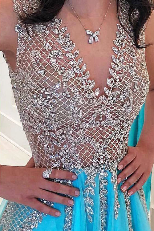 Sexy A-Line Ice Blue Long Prom Dress with Open Back
