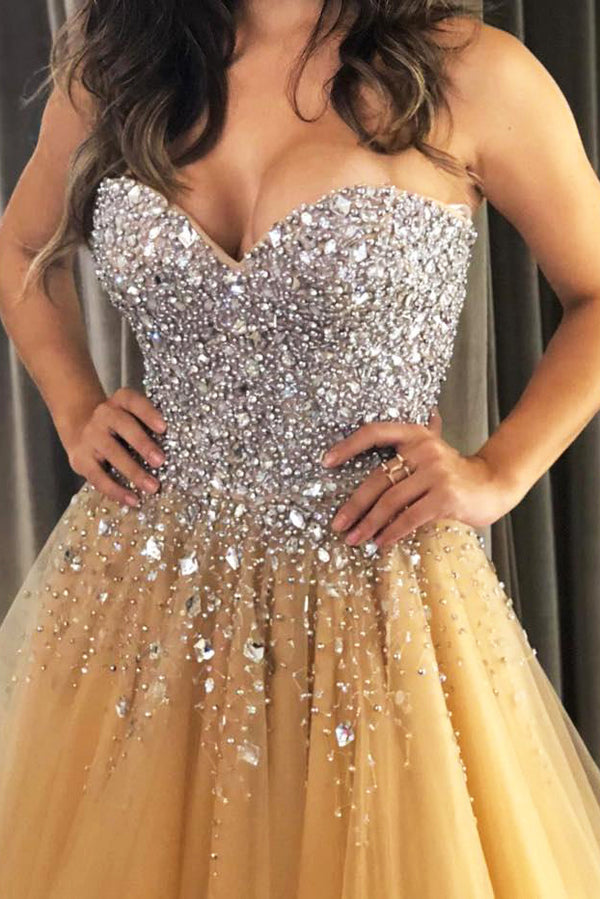 Elegant Silver Sequin Champagne Tulle Strapless Evening Prom Dress