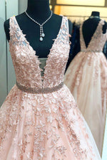 Floor Length Blush Pink Prom Dress with Lace Appliques