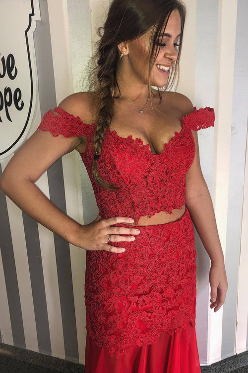 Mermaid Two Piece Off the Shoulder Lace Watermelon Prom Dress
