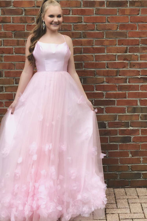 Princess Spaghetti Straps Appliques Pink Long Prom Dress