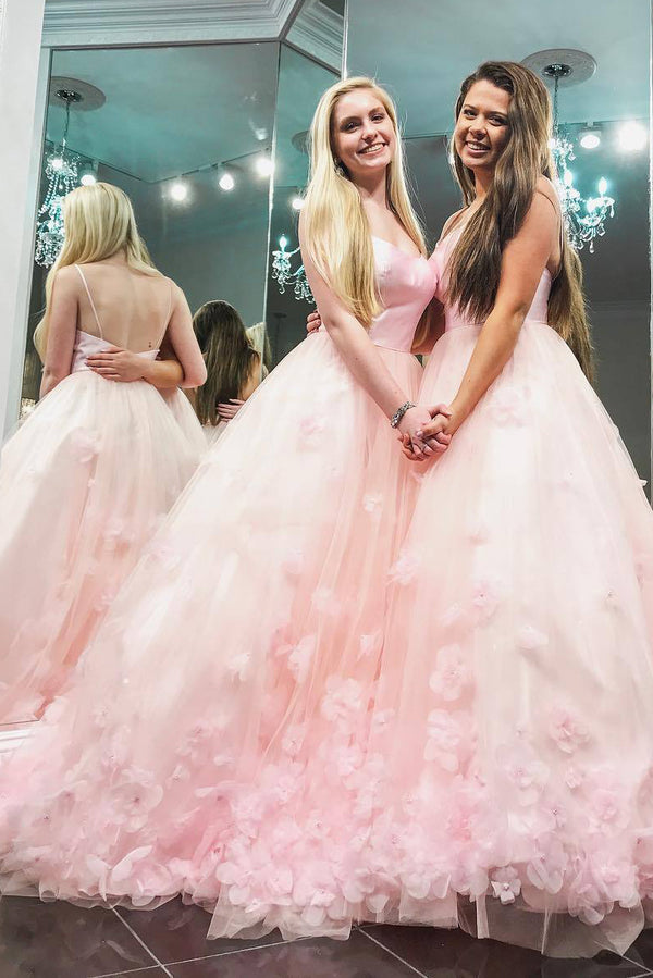 Pink Tulle Ball Gown Prom Dress with 3D Flowers