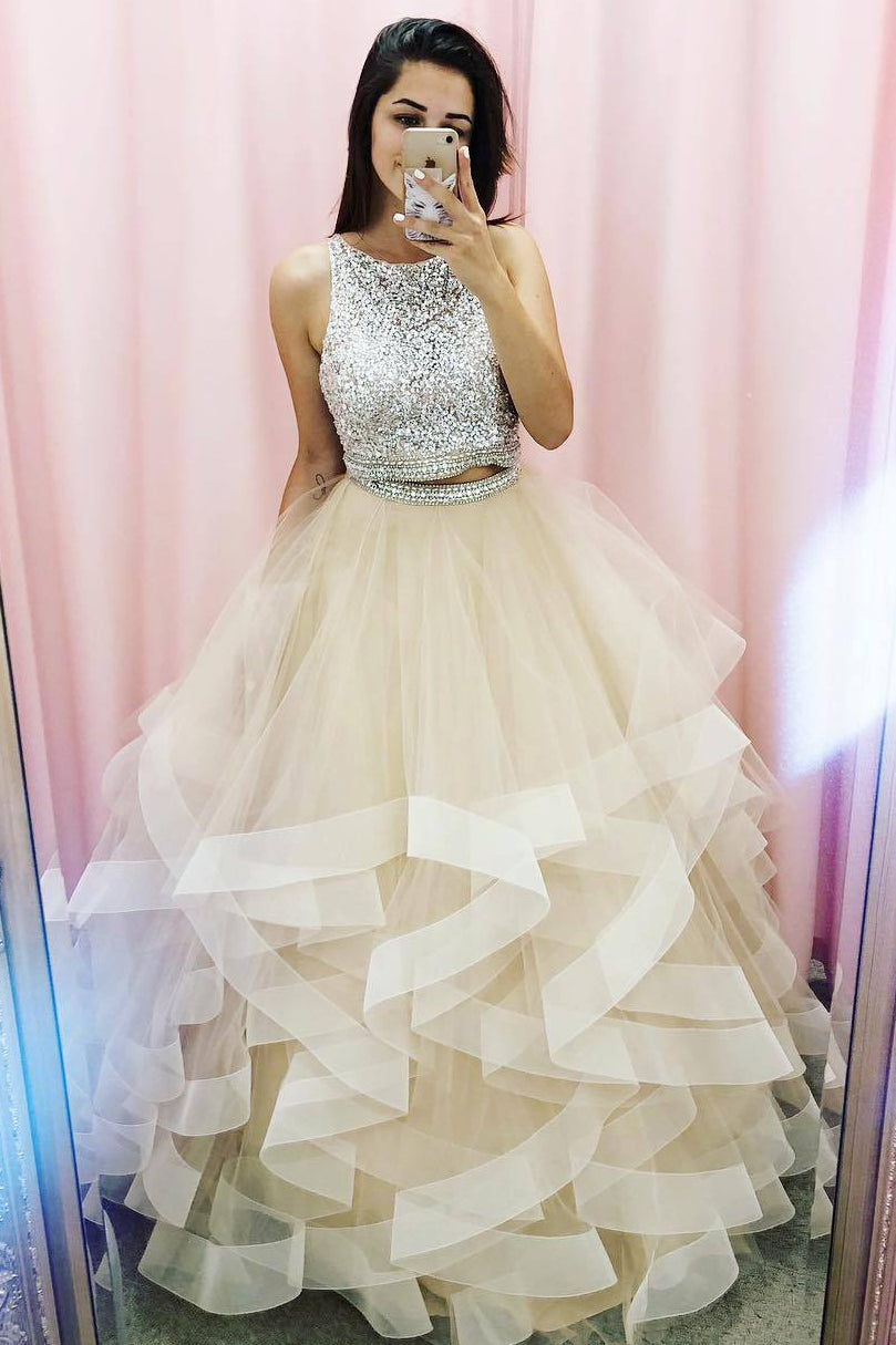 Princess Two Piece Champagne Prom Dress with Sequins Top FancyVestido Princess Two Piece Champagne Prom Dress with Sequins Top FancyVestido
