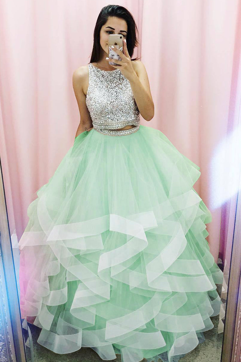 Princess Two Piece Champagne Prom Dress with Sequins Top FancyVestido Princess Two Piece Champagne Prom Dress with Sequins Top FancyVestido