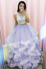 Princess Two Piece Champagne Prom Dress with Sequins Top