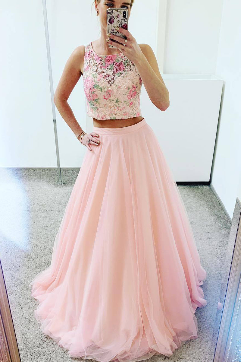 Two Piece Pink Floral Scoop Lace Prom Dress