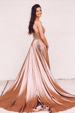 Halter Beaded Long Sweep Train Rose Gold Prom Dress