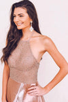 Halter Beaded Long Sweep Train Rose Gold Prom Dress