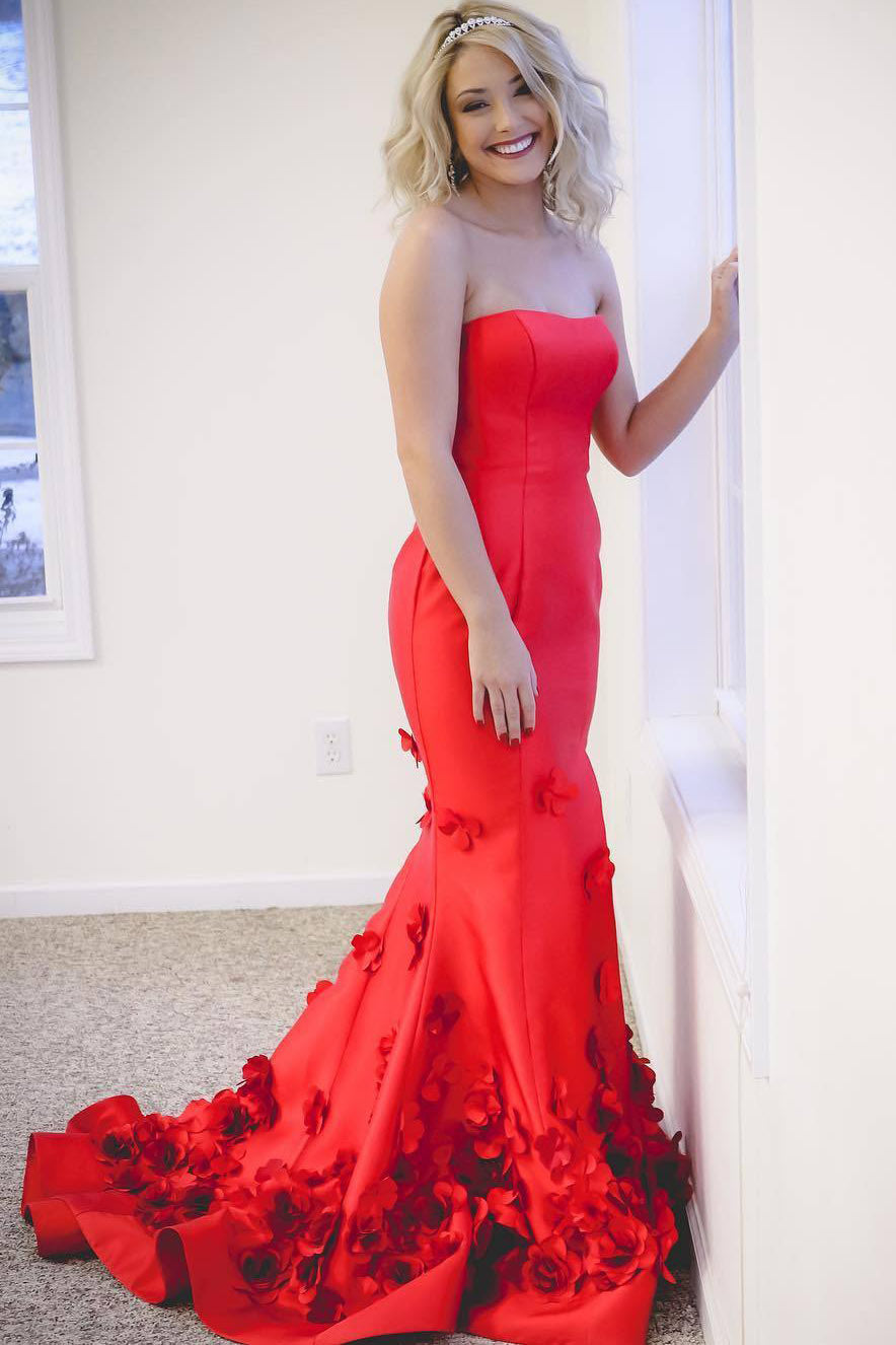 red mermaid dress with train Elegant Red Satin Strapless Mermaid Gown with Floral Train – FancyVestido