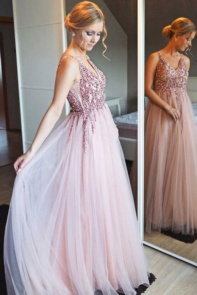 Sleeveless Pink Sequin Applique Tulle Maxi Party Dress
