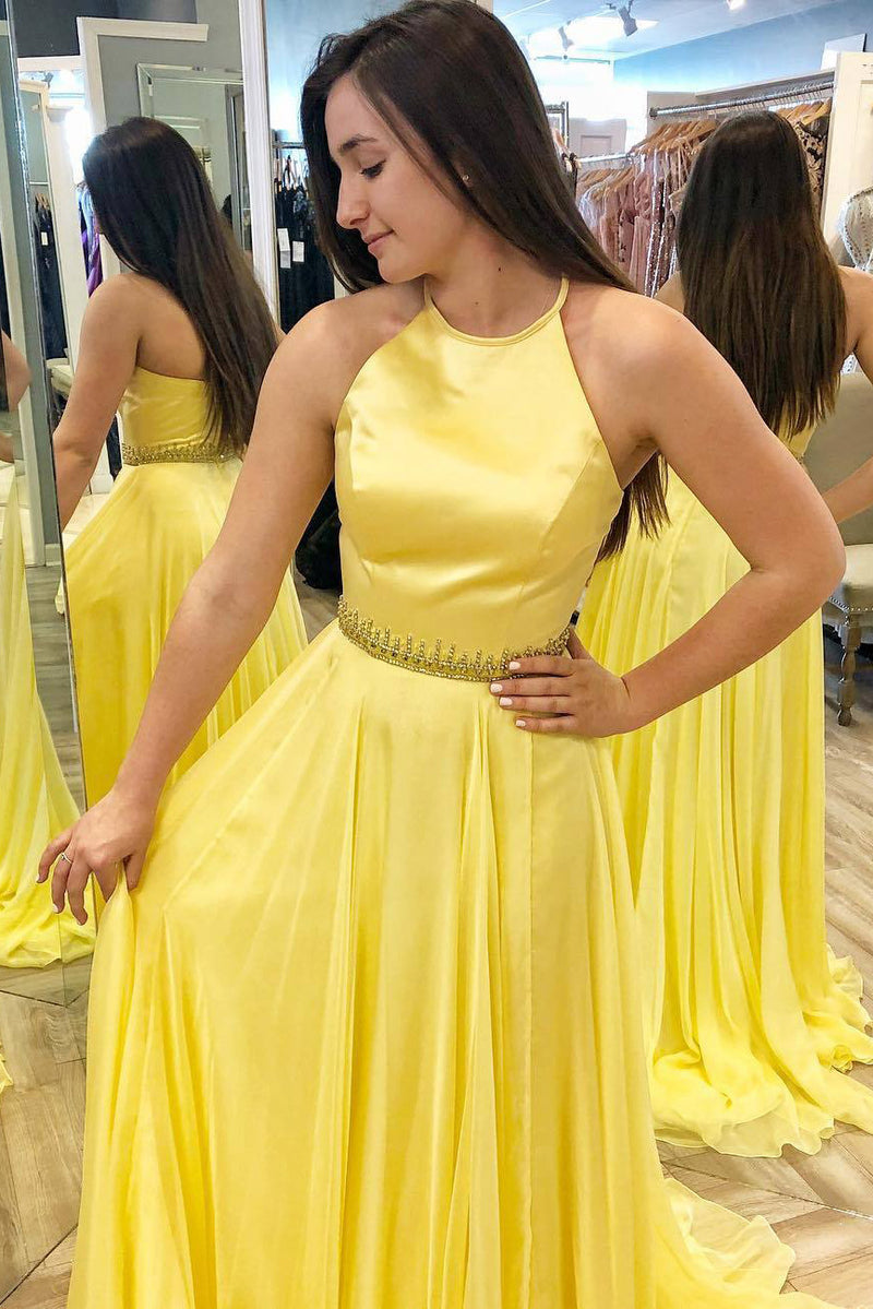 Halter Yellow Long Prom Dress with Beaded Belt