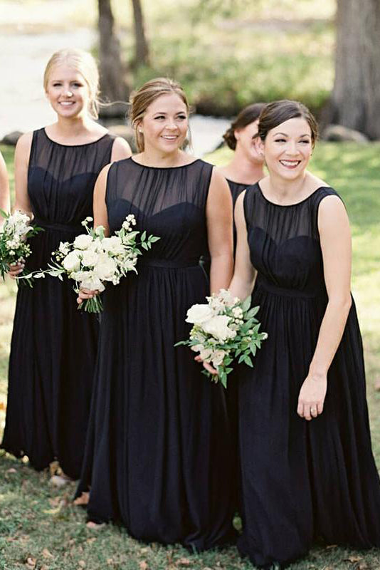 Elegant Dark Navy Chiffon Floor Length Bridesmaid Dress – FancyVestido