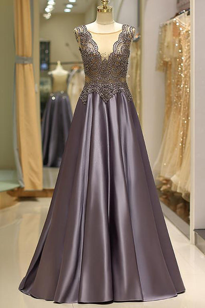 Metallic Purple Satin Floor Length Dress With Embellished Top