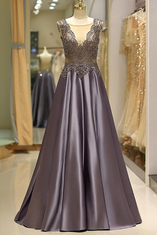 Boutique Illusion Neck Beaded Backless Long Prom Gown