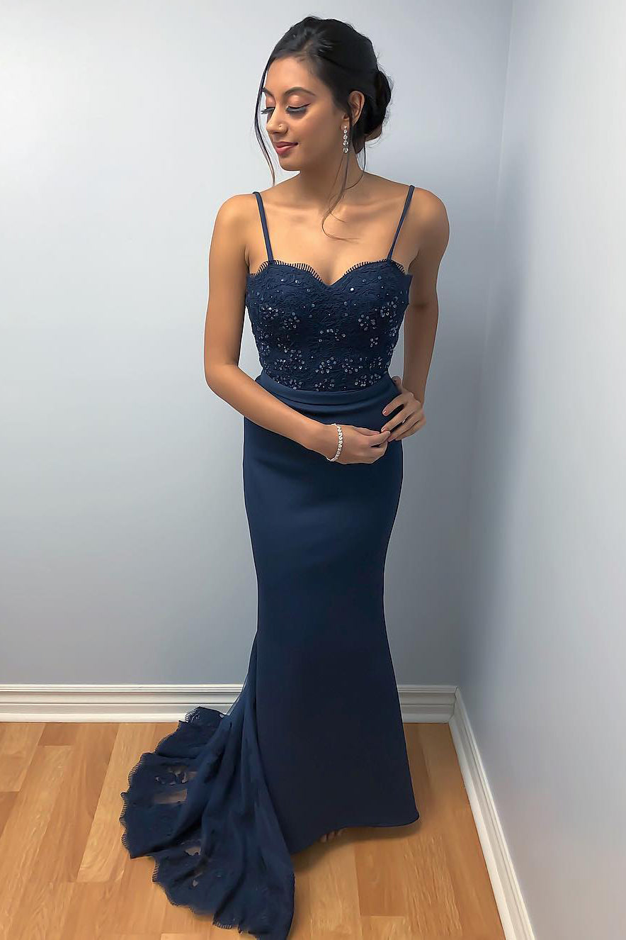 Elegant Navy Blue Spaghetti Strap Lace Bodice Mermaid Prom Gown FancyVestido Elegant Navy Blue Spaghetti Strap Lace Bodice Mermaid Prom Gown FancyVestido