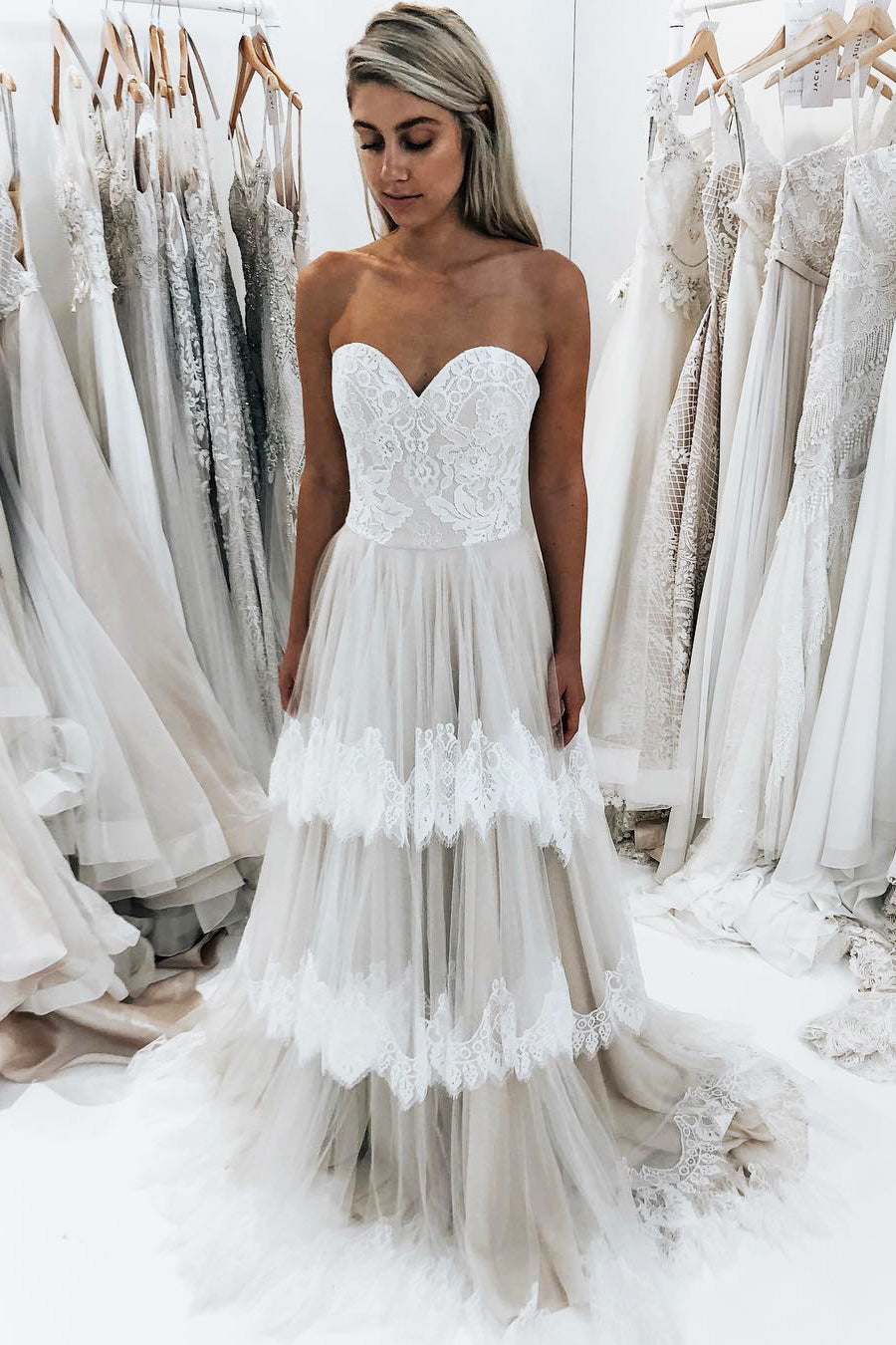 Long Tiered A-line Sweetheart Beige Wedding Dress with Lace – FancyVestido