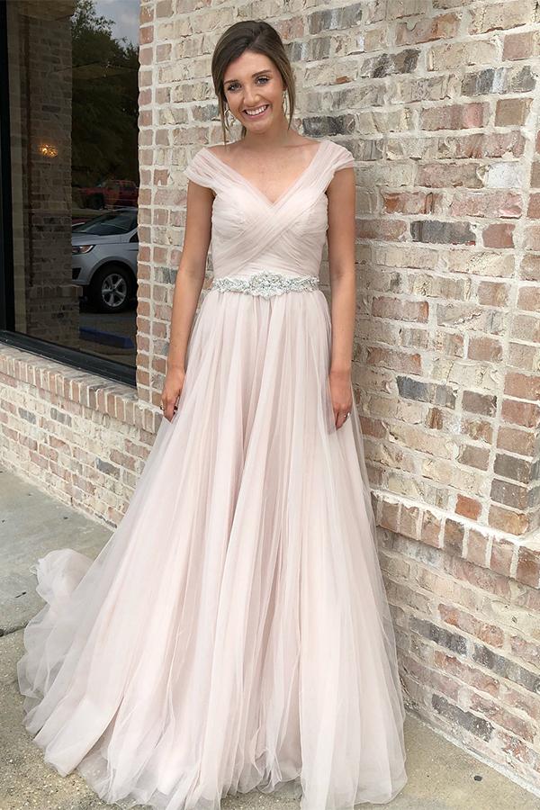 Long Cap Sleeves A-line V-Neck Baby Pink Wedding Dress FancyVestido Long Cap Sleeves A-line V-Neck Baby Pink Wedding Dress FancyVestido