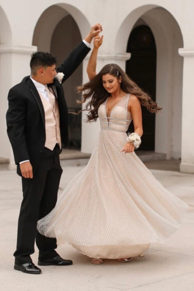 Elegant Champagne A-Line Prom Dress with Plunging V-Neckline