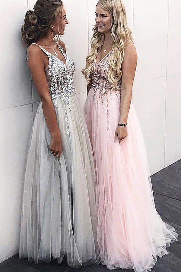 Sleeveless Pink Sequin Applique Tulle Maxi Party Dress