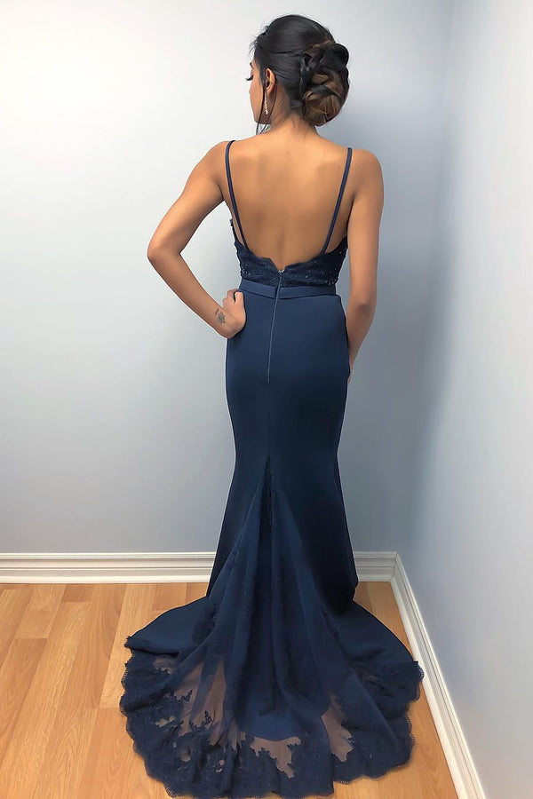Elegant Navy Blue Spaghetti Strap Lace Bodice Mermaid Prom Gown