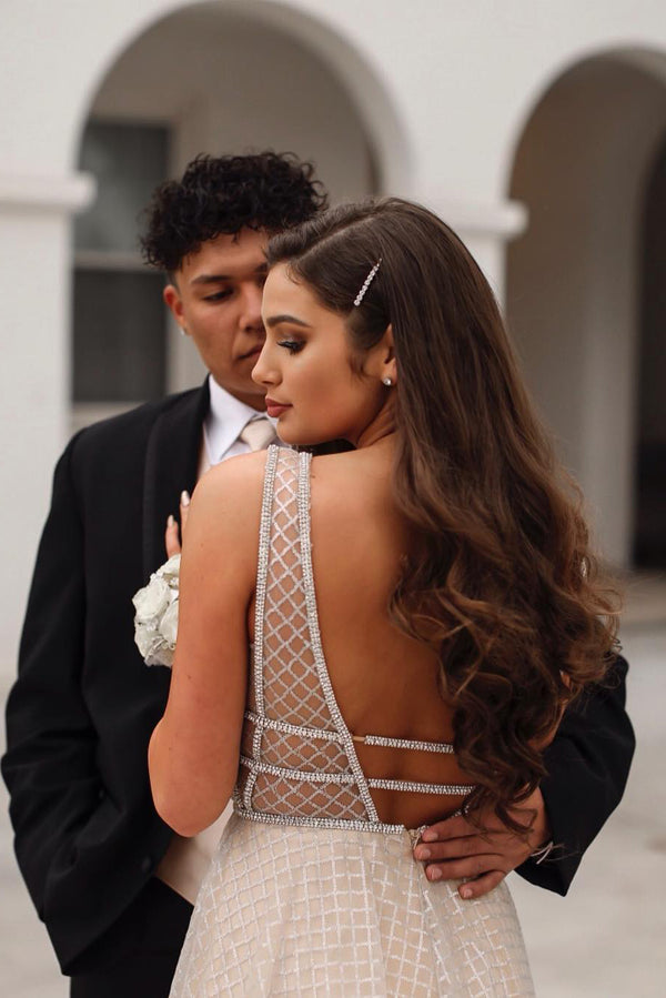 Elegant Champagne A-Line Prom Dress with Plunging V-Neckline