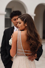 V-Neck Mesh Long Ivory Prom Dress with Open Back