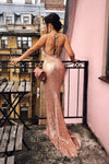 Mermaid Champagne Sequined Party Dress with Open Back