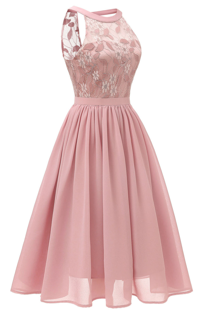 Sleeveless Short Pink Party Dress with Lace